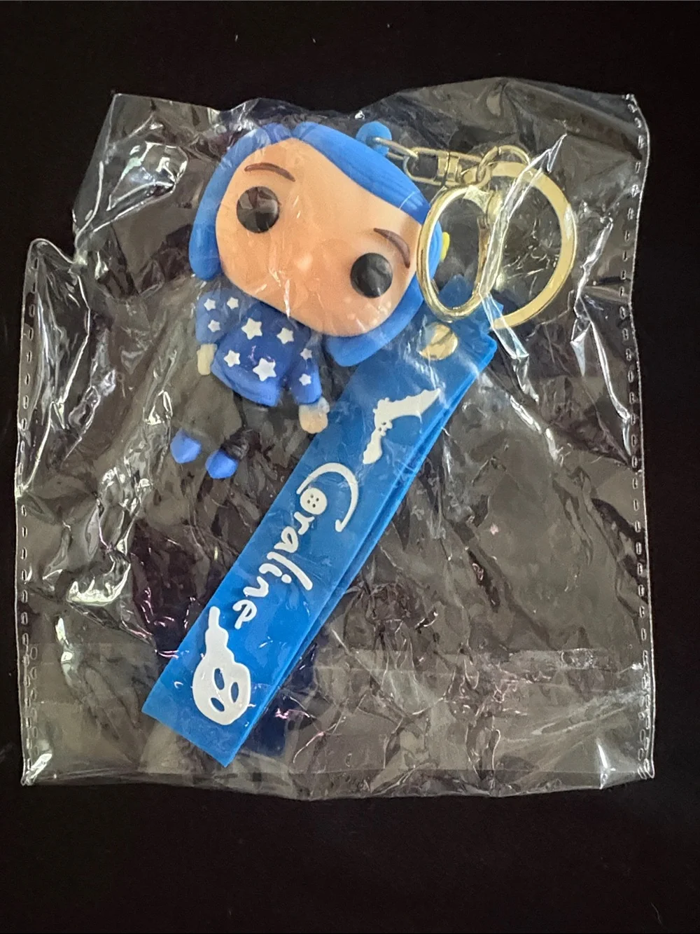 Coraline Keychain Bag Charm with Blue Hair and Blue Strap